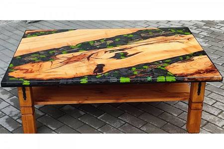 epoxidovy stol - zivica+drevo + kamen + umely mach